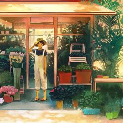 Rule 34 | 1girl, blue shirt, brown eyes, brown hair, closed mouth, commentary request, flower, gemi, hat, looking at viewer, original, overalls, plant, pot, potted plant, sandals, shirt, short hair, short sleeves, smile, solo, standing, yellow hat