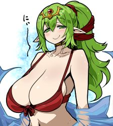 Rule 34 | 1girl, bikini, blush, breasts, cleavage, closed eyes, collarbone, commentary request, fire emblem, fire emblem: mystery of the emblem, fire emblem awakening, fire emblem heroes, green eyes, green hair, hair ornament, highres, huge breasts, kara age, long hair, looking at viewer, navel, nintendo, pointy ears, ponytail, red bikini, revision, sagging breasts, see-through, smile, solo, swimsuit, tiara, tiki (adult) (fire emblem), tiki (adult) (summer) (fire emblem), tiki (fire emblem), upper body