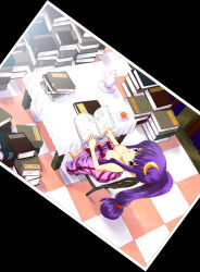 Rule 34 | 1girl, alternate hairstyle, book, breasts, chair, checkered floor, cleavage, crescent, crescent hair ornament, cup, downblouse, female focus, floor, from above, hair ornament, highres, patchouli knowledge, photo (object), ponytail, purple eyes, purple hair, saucer, solo, table, teacup, teapot, tohoho (hoshinoyami), touhou