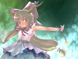 Rule 34 | 1girl, chain, female focus, grin, horns, ibuki suika, long hair, outstretched arms, ribbon, smile, solo, spread arms, suisai (suisao), touhou