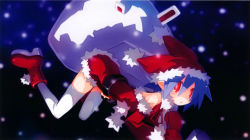 Rule 34 | 1girl, bare shoulders, belt, black background, blue hair, boots, buckle, christmas, detached sleeves, disgaea, fur trim, gloves, harada takehito, hat, highres, looking at viewer, nippon ichi, pleinair, pointy ears, red eyes, sack, santa costume, snow, solo, thighhighs, white thighhighs