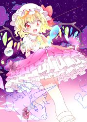 Rule 34 | 1girl, :d, ascot, blonde hair, flandre scarlet, frilled skirt, frills, from below, hat, highres, kyapinetzu, lipstick, looking at viewer, makeup, mary janes, mirror, mob cap, nail polish, open mouth, red eyes, shoes, side ponytail, skirt, smile, solo, touhou, wings