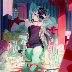 Rule 34 | 1girl, alternate costume, aqua eyes, aqua hair, arm at side, black dress, blurry, blush, bow, box, breasts, chest tattoo, cleavage, closed mouth, commentary, depth of field, dress, earrings, foreshortening, gift, gift box, glint, gloves, green pantyhose, hair bow, hatsune miku, highres, hitokoto, jewelry, long hair, long sleeves, looking at viewer, multicolored neckwear, number tattoo, open clothes, pantyhose, purple bow, purple gloves, red bow, see-through, short dress, sitting, small breasts, smile, solo, spread fingers, strapless, strapless dress, symbol-only commentary, tattoo, very long hair, vocaloid