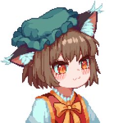 Rule 34 | 1girl, :3, animal ear fluff, animal ears, bow, bowtie, brown eyes, brown hair, cat ears, cat girl, chen, closed mouth, green hat, hat, long sleeves, mob cap, pixel art, red vest, shirt, shlim84049504, short hair, solo, touhou, transparent background, upper body, vest, white shirt, yellow bow, yellow bowtie