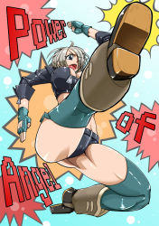Rule 34 | 1girl, angel (kof), ass, blue eyes, boots, breasts, bursting breasts, cleavage, fingerless gloves, gloves, highres, huge breasts, kicking, legs, long legs, navel, short hair, silver hair, snk, solo, sorahachi midoro, the king of fighters, thighhighs, thighs