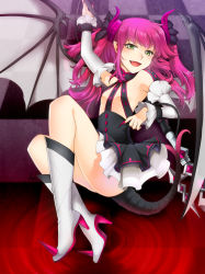 Rule 34 | 10s, 1girl, :d, arisu shiria, arm up, bat wings, black dress, blood, blush, boots, checkered background, claws, demon girl, detached sleeves, diamond (shape), dragon girl, dragon tail, dragon wings, dress, elizabeth bathory (fate), elizabeth bathory (fate/extra ccc), elizabeth bathory (first ascension) (fate), fate/extra, fate/extra ccc, fate (series), fingernails, flat chest, frills, from side, goth fashion, gothic lolita, gradient hair, green eyes, hair ribbon, high heels, holding, horns, knee boots, lolita fashion, long fingernails, long hair, long sleeves, looking at viewer, multicolored hair, nail polish, no bra, open mouth, petticoat, pink hair, pointy ears, pointy footwear, polearm, pool of blood, puffy long sleeves, puffy sleeves, ribbon, shoes, short dress, sidelocks, sitting, smile, solo, spear, spikes, tail, transparent, two side up, weapon, wings, wrist cuffs