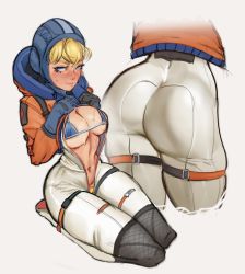 Rule 34 | 1girl, absurdres, animification, apex legends, ass, balaclava, bikini, bikini top only, bikini under clothes, blonde hair, blonde pubic hair, blue bikini, blue eyes, blue gloves, blue sweater, blush, bodysuit, breasts, burn scar, cleavage, clothes lift, cropped jacket, facial scar, full body, gloves, highres, hood, hood down, hooded bodysuit, hooded jacket, jacket, large breasts, linea alba, looking at viewer, micro bikini, mon eree, multiple views, navel, no panties, orange jacket, scar, scar on breasts, scar on cheek, scar on face, scar on stomach, seiza, short hair, sitting, solo, string bikini, sweat, sweater, sweater lift, swimsuit, toned, underboob, unzipped, wattson (apex legends), white bodysuit