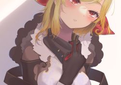 Rule 34 | 1girl, black gloves, blonde hair, blush, breasts, gloves, hand up, head tilt, hololive, hololive indonesia, kaela kovalskia, looking away, medium breasts, medium hair, mugino0515, parted lips, red eyes, solo, upper body, virtual youtuber, white background