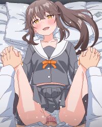 Rule 34 | 1boy, 1girl, bed, blush, brown hair, censored, clothed sex, clothing aside, condom, condom on penis, condom wrapper, open mouth, otonari-san (sasaki to p-chan), panties, panties aside, penis, ponytail, pussy, sasaki to p-chan, school uniform, sex, side ponytail, skirt, solo focus, spread legs, tomu (tomubobu), underwear, vaginal, white panties, yellow eyes