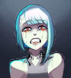 Rule 34 | 1girl, among us, among us eyes (meme), blue hair, blunt bangs, bob cut, clenched teeth, crying, crying with eyes open, cyberpunk (series), cyberpunk edgerunners, inverted bob, krekkov, lipstick, looking at viewer, lucy (cyberpunk), makeup, meme, red lips, sleeveless, solo, tears, teeth, upper body