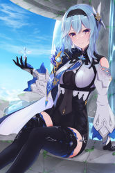 Rule 34 | 1girl, absurdres, black gloves, black hairband, black jumpsuit, black thighhighs, blue gloves, blue hair, blue sky, breasts, brown eyes, closed mouth, covered navel, eula (genshin impact), genshin impact, gloves, hair between eyes, hair intakes, hair ornament, hairband, highres, jumpsuit, long hair, long sleeves, looking at viewer, masamune tokunaga, medium breasts, outdoors, short jumpsuit, sitting, sky, smile, solo, thighhighs, two-tone gloves, zettai ryouiki