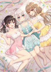 Rule 34 | 3girls, :d, ahoge, bare shoulders, barefoot, bed sheet, black hair, blue choker, blue dress, blue nails, blue ribbon, blush, bow, braid, breasts, brown eyes, brown hair, choker, cleavage, collarbone, commentary request, dress, flower, green eyes, grey hair, hair bow, hair ribbon, hand on another&#039;s shoulder, highres, large breasts, layered dress, lying, medium breasts, multiple girls, nail polish, off-shoulder dress, off shoulder, on back, on side, open mouth, original, own hands together, parted lips, petals, pink bow, pink dress, pink nails, pleated dress, puffy short sleeves, puffy sleeves, purple eyes, ribbon, sato ame, short sleeves, signature, smile, striped, striped bow, teeth, toenail polish, toenails, twintails, upper teeth only, white flower, yellow bow, yellow choker, yellow dress
