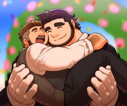 Rule 34 | 2boys, :d, bara, beard, carrying, carrying person, couple, david lee (d lee1234), facial hair, feet out of frame, full beard, gloves, hand hair, happy, heads together, highres, hug, huge eyebrows, husband and husband, large hands, male focus, mature male, multiple boys, muscular, muscular male, open mouth, original, pants, short hair, size difference, smile, standing, thick eyebrows, undercut, vest, white gloves, yaoi