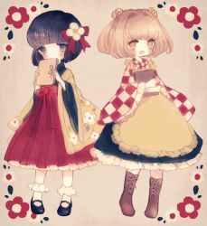 Rule 34 | 2girls, apron, bad id, bad pixiv id, bell, blush, book, boots, checkered clothes, checkered shirt, child, flower, hair bell, hair flower, hair ornament, hieda no akyuu, japanese clothes, jingle bell, kimono, long sleeves, mary janes, motoori kosuzu, multiple girls, open mouth, purple eyes, purple hair, rattle, red eyes, red hair, shirt, shoes, short hair, skirt, smile, touhou, twintails, wide sleeves, yujup