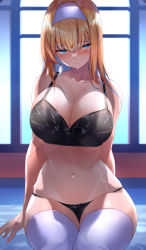 Rule 34 | 1girl, 3:, black bra, blonde hair, blush, bra, breasts, cleavage, closed mouth, eel mizue, embarrassed, hairband, highres, large breasts, leaning back, long hair, navel, original, sitting, stomach, strap gap, sweat, thighhighs, underwear, wide hips