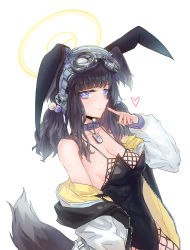 Rule 34 | 1girl, absurdres, animal collar, animal ears, bare shoulders, black hair, blue archive, blue eyes, blunt bangs, blush, breasts, cleavage, closed mouth, collar, collarbone, dog ears, dog girl, dog tags, dog tail, fishnet pantyhose, fishnets, goggles, goggles on head, hair bobbles, hair ornament, halo, heart, hibiki (blue archive), highleg, highleg leotard, highres, jacket, leotard, long hair, long sleeves, looking at viewer, medium breasts, off shoulder, open clothes, open jacket, pantyhose, playboy bunny, purple collar, purple eyes, rabbit ears, simple background, smile, solo, strapless, strapless leotard, tail, twintails, upper body, white background, wnsgur6686