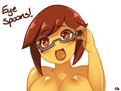 Rule 34 | 1girl, bad id, bad pixiv id, blush, breasts, brown hair, cleavage, colored skin, flanny (lightsource), food, glasses, large breasts, lightsource, monster girl, nude, original, personification, pudding, red eyes, semi-rimless eyewear, short hair, solo, under-rim eyewear, upper body, yellow skin