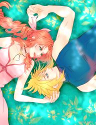 Rule 34 | 1boy, 1girl, absurdres, aerith gainsborough, bare arms, blonde hair, blue eyes, blue shirt, blush, braid, breasts, brown hair, choker, cleavage, cloud strife, couple, dress, final fantasy, final fantasy vii, final fantasy vii remake, flower bed, green eyes, hair between eyes, hair ribbon, hand in another&#039;s hair, highres, jewelry, long hair, looking at another, lying, medium breasts, necklace, on back, open mouth, parted bangs, patch bartho, pink dress, pink ribbon, ribbon, shirt, short hair, sidelocks, sleeveless, sleeveless turtleneck, smile, spiked hair, square enix, turtleneck, upper body, wavy hair