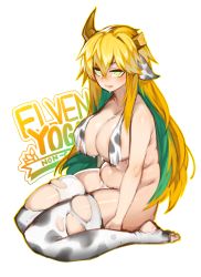 Rule 34 | 1girl, absurdres, animal ears, animal print, areola slip, blonde hair, blush, breasts, broken horn, cow ears, cow girl, cow horns, cow print, elf, elven forest maker, elven forest maker (last origin), english text, flower-shaped pupils, full body, green eyes, green hair, hair between eyes, highres, horns, large breasts, last origin, long hair, looking at viewer, multicolored hair, open mouth, pinkboy, plump, pointy ears, sitting, solo, sweat, symbol-shaped pupils, thighhighs, torn clothes, torn thighhighs, two-tone hair