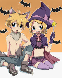 Rule 34 | 1boy, 1girl, bad id, bad pixiv id, bat (animal), blonde hair, blue eyes, blush, brother and sister, cape, costume, halloween, hat, kagamine len, kagamine rin, kneeling, maruki (punchiki), midriff, navel, short hair, siblings, thighhighs, twins, vocaloid, wand, witch, witch hat