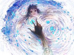 Rule 34 | 1girl, blue flower, brown hair, character request, crying, crying with eyes open, deemo, flower, forget-me-not (flower), forget me not, long hair, looking at viewer, outstretched hand, petals, petals on liquid, reflection, ripples, sishenfan, solo, solo focus, tears