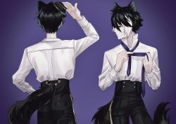 Rule 34 | 1boy, animal ears, black hair, black headwear, black pants, buttons, closed mouth, cowboy shot, double-breasted, dress shirt, dressing, fingernails, hair between eyes, hat, high-waist pants, highres, holostars, jackal boy, jackal ears, jackal tail, kageyama shien, looking to the side, male focus, momiage 40, multicolored hair, multiple views, necktie, official alternate costume, pants, popped collar, profile, purple background, purple necktie, sharp fingernails, shirt, short hair, simple background, tail, tilted headwear, turnaround, two-tone hair, virtual youtuber, white hair, white shirt, yellow eyes