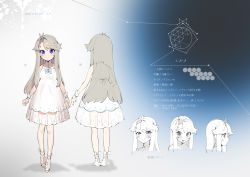 Rule 34 | 1girl, absurdres, character sheet, closed mouth, dress, grey hair, herme (ohisashiburi), highres, long hair, looking at viewer, multiple views, ohisashiburi, original, see-through, sleeveless, sleeveless dress, smile, standing, translation request, white dress, wristband