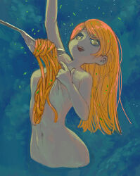 Rule 34 | 1girl, aqua background, arm up, breasts, brown eyes, commentary request, cropped torso, food, fork, hair as food, highres, hole in chest, hole on body, kezuru, long hair, looking up, medium breasts, navel, no nipples, open mouth, orange hair, original, oversized object, pasta, smile, solo, spaghetti, swept bangs, teeth, upper teeth only