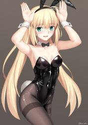 Rule 34 | 1girl, absurdres, ahoge, animal ears, armpits, arms up, artoria caster (fate), artoria pendragon (fate), bare shoulders, besmiled, black leotard, blonde hair, blush, bow, bowtie, breasts, brown pantyhose, cleavage, collarbone, covered navel, detached collar, fake animal ears, fake tail, fate/grand order, fate (series), green eyes, highleg, highleg leotard, highres, leotard, long hair, looking at viewer, medium breasts, open mouth, pantyhose, playboy bunny, rabbit ears, rabbit tail, sidelocks, smile, solo, tail, thighs, traditional bowtie, twintails, wrist cuffs