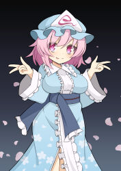 Rule 34 | 1girl, :p, black background, blue hat, blue kimono, breasts, cherry blossoms, commentary, double w, floral print, frilled kimono, frills, gradient background, hat, hekkmushi, highres, japanese clothes, kimono, large breasts, looking at viewer, mob cap, pink eyes, pink hair, saigyouji yuyuko, short hair, solo, tongue, tongue out, touhou, triangular headpiece, w