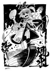 Rule 34 | 1girl, ankle boots, ankle ribbon, bare legs, black footwear, boat, boots, buddha, cross-laced clothes, dated, dilated pupils, dot nose, english text, fire, gas can, gasoline, greyscale, hair between eyes, hat, heran hei mao, holding, holding plate, japanese clothes, kariginu, leg ribbon, looking at viewer, monochrome, mononobe no futo, open mouth, outstretched hand, plate, pom pom (clothes), ribbon, short hair, sleeve ribbon, smile, smoke, statue, tate eboshi, touhou, v-shaped eyebrows, watercraft, white hair, wide sleeves