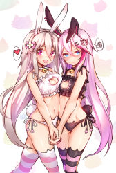 Rule 34 | 2girls, :&lt;, :d, animal ears, asymmetrical clothes, asymmetrical docking, aura kingdom, bell, black bra, black panties, blue eyes, blush, bra, breast press, breasts, cat cutout, cat lingerie, cesela, character request, cleavage, cleavage cutout, clothing cutout, collar, cynthia (aura kingdom), earrings, fantasy frontier, flat chest, hair ornament, hairclip, heart, highres, holding hands, interlocked fingers, jewelry, jingle bell, long hair, meme attire, multiple girls, navel, open mouth, panties, pink hair, purple eyes, rabbit ears, rabbit tail, serena (aura kingdom), shennai misha, side-tie panties, silver hair, smile, spoken heart, spoken squiggle, squiggle, striped clothes, striped legwear, striped thighhighs, tail, tears, thighhighs, underwear, underwear only, very long hair, white bra, white panties