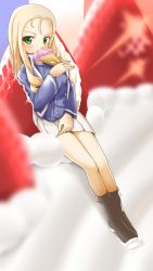 Rule 34 | 1girl, bc freedom military uniform, black footwear, blonde hair, blue jacket, blue vest, blurry, blurry background, blurry foreground, blush, boots, cake, commentary, covering own mouth, depth of field, dress shirt, drill hair, flag background, folding fan, food, french flag, fruit, full body, girls und panzer, green eyes, hand fan, hand on lap, high collar, highres, icing, jacket, long hair, long sleeves, looking at viewer, marie (girls und panzer), military, military uniform, miniskirt, oversized object, pleated skirt, rebirth42000, shirt, sitting, skirt, solo, strawberry, uniform, vest, white shirt, white skirt