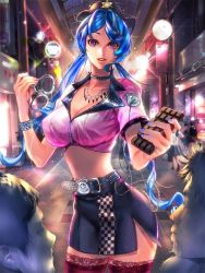 Rule 34 | 1girl, bad id, bad pixiv id, badge, belt, black skirt, blue hair, blue nails, bracelet, breasts, ceiling, chocolate, cleavage, collar, cowboy shot, crop top, cuffs, earrings, eyebrows, eyelashes, faceless, furyou michi ~gang road~, handcuffs, hat, holding, hoop earrings, jewelry, lace, lace legwear, lamp, large breasts, lens flare, long hair, looking at viewer, low twintails, midriff, milin (orange maru), miniskirt, multiple boys, nail polish, necklace, night, night sky, outdoors, parted lips, pencil skirt, pink shirt, police, police uniform, policewoman, purple eyes, red thighhighs, shirt, short sleeves, skirt, sky, solo focus, sparkle, spiked bracelet, spiked collar, spikes, storefront, thighhighs, tile floor, tiles, twintails, uniform, very long hair