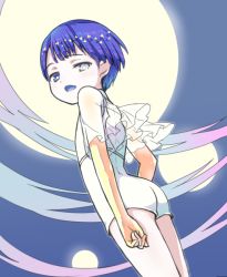 Rule 34 | 1other, amimi, androgynous, ass, blue eyes, blue hair, blunt bangs, full moon, golden arms, heterochromia, houseki no kuni, looking at viewer, looking back, moon, multiple moons, open mouth, phosphophyllite, phosphophyllite (ll), see-through, short hair, sky, solo, spoilers, white eyes