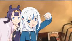 Rule 34 | 3girls, :d, animal costume, blue eyes, blue hair, blue hoodie, blunt bangs, commentary, english commentary, from behind, gawr gura, gawr gura (1st costume), hair ornament, hand up, highres, hololive, hololive english, hood, hood down, hoodie, indoors, jitome, klaius, long hair, long sleeves, looking at another, medium hair, meme, mori calliope, multicolored hair, multiple girls, ninomae ina&#039;nis, ninomae ina&#039;nis (1st costume), open mouth, parody, photo-referenced, pink hair, pointing, pointing at another, purple hair, shark costume, shark hair ornament, sidelocks, sitting, smile, streaked hair, tentacle hair, tiara, two side up, v-shaped eyebrows, virtual youtuber, white hair, wide sleeves