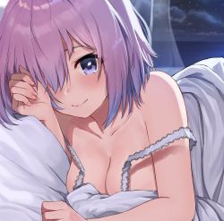 Rule 34 | 1girl, arm support, ayul (ayulneri 92), bare shoulders, blush, breasts, cleavage, cloud, curtains, fate/grand order, fate (series), hair over mouth, hair over one eye, highres, large breasts, looking at viewer, mash kyrielight, night, nightgown, off shoulder, on bed, pov across bed, purple eyes, purple hair, smile, solo, star (sky), strap slip, under covers