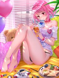 Rule 34 | 1girl, ahoge, anklet, ass, balloon, bare shoulders, barefoot, bendy straw, black panties, window blinds, blouse, blue hair, blueberry, blush, breasts, cellphone, cleavage, closed mouth, collar, collarbone, commentary request, cosmetics, cup, day, drinking straw, earrings, food, fruit, full body, grapes, hair intakes, head tilt, heart, heart balloon, highres, holding, holding phone, idolmaster, idolmaster cinderella girls, indoors, jewelry, keyhole, knees up, large breasts, lipstick tube, multicolored hair, nail polish, no pants, off shoulder, panties, phone, pill earrings, pillow, pink collar, pink hair, pink nails, print shirt, red eyes, ring, sandwich, shirt, short sleeves, sitting, skeleton print, solo, stuffed animal, stuffed toy, swordsouls, teddy bear, toenail polish, toenails, tomato, tray, two-tone hair, underwear, white shirt, window, wrist cuffs, yumemi riamu