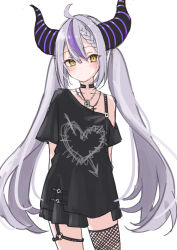 Rule 34 | 1girl, absurdres, ahoge, alternate costume, black choker, black horns, black shirt, blush, braid, braided bangs, choker, closed mouth, commentary, cowboy shot, demon girl, demon horns, dot mouth, dot nose, double-parted bangs, fishnet thighhighs, fishnets, goth fashion, grey hair, hair between eyes, highres, hololive, horns, la+ darknesss, long hair, looking at viewer, multicolored hair, nisi ki no, o-ring, o-ring choker, off shoulder, one-hour drawing challenge, print shirt, purple hair, shirt, short sleeves, sidelocks, simple background, single bare shoulder, single thighhigh, solo, standing, streaked hair, striped horns, t-shirt, thighhighs, very long hair, virtual youtuber, white background, yellow eyes