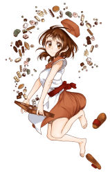 Rule 34 | 10s, 1girl, bare arms, barefoot, brown eyes, brown hair, candy, carrying, carrying under arm, feet, floating, floating hair, floating object, food, full body, hat, highres, inushi, looking at viewer, nisekoi, onodera kosaki, sandals, shoes, unworn shoes, simple background, smile, solo, tray, white background