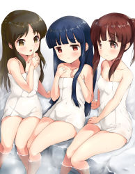 Rule 34 | 3girls, :o, arm support, bare arms, bare shoulders, black hair, blush, breasts, brown eyes, brown hair, closed mouth, collarbone, commentary request, head tilt, highres, idolmaster, idolmaster cinderella girls, idolmaster cinderella girls starlight stage, kuroba aki, long hair, multiple girls, ogata chieri, onsen, parted bangs, parted lips, red eyes, rock, sajo yukimi, sitting, small breasts, smile, soaking feet, tachibana arisu, very long hair, water