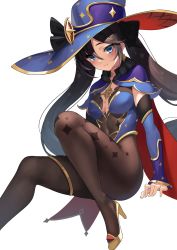 Rule 34 | 1girl, arms at sides, black hair, blue eyes, blue hair, blue hat, blue leotard, blush, bodystocking, breasts, cape, cleavage, closed mouth, crescent, crescent pin, detached sleeves, fur collar, genshin impact, gradient hair, hat, hat ornament, high heels, highleg, highleg leotard, highres, invisible chair, leotard, long hair, long sleeves, looking at viewer, medium breasts, mona (genshin impact), multicolored hair, red cape, simple background, sitting, smile, solo, sparkle print, thighlet, twintails, very long hair, white background, witch hat, yamanokami eaka, yellow footwear