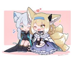 Rule 34 | ;d, animal ear fluff, animal ears, apron, arknights, bare shoulders, black cloak, black footwear, black gloves, blonde hair, blouse, boots, braid, braided hair rings, brown eyes, cloak, colored eyelashes, colored shadow, commentary, eighth note, english commentary, fox ears, fox girl, fox tail, gloves, green eyes, grey hair, hair between eyes, hair rings, healslime, heart, infection monitor (arknights), kitsune, kurotofu, long hair, material growth, musical note, notice lines, one eye closed, open mouth, oripathy lesion (arknights), parted lips, pink background, rosmontis (arknights), shadow, shirt, smile, suzuran (arknights), tail, twin braids, twitter username, two-tone background, waist apron, white apron, white background, white shirt