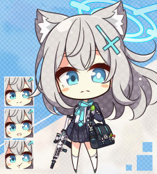 Rule 34 | 1girl, 7:08, animal ears, assault rifle, bag, blue archive, blue eyes, blue neckwear, blush stickers, cat ears, chibi, cross hair ornament, expressions, gloves, grey hair, gun, hair between eyes, hair ornament, halo, highres, long hair, looking at viewer, multiple views, necktie, rifle, scarf, school uniform, shiroko (blue archive), sig sauer 556, skirt, weapon, white legwear