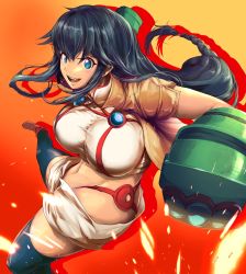 Rule 34 | 1girl, bad anatomy, black hair, blue eyes, braid, breasts, commentary request, crop top, earrings, gauntlets, highres, impossible clothes, impossible shirt, jewelry, kanami (log horizon), large breasts, log horizon, long hair, low-braided long hair, low-tied long hair, midriff, navel, outline, pekoneko, revision, shirt, shorts, single braid, smile, solo, thighhighs, very long hair