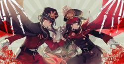 Rule 34 | 1boy, 1girl, belt, black cape, brother and sister, cape, cowboy shot, family crest, fate/grand order, fate (series), fiery hair, flower, gloves, hat, holding hands, jikei, locked arms, long sleeves, looking at viewer, low ponytail, medallion, military hat, oda nobukatsu (fate), oda nobunaga (fate), oda nobunaga (koha-ace), oda uri, parted lips, red cape, red eyes, shako cap, siblings, sidelocks, skeleton, smile, spider lily, trap, white gloves