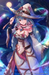 Rule 34 | 1girl, blue hair, breasts, chain, cleavage, detached sleeves, dress, fairy godmother (grimms echoes), forest, gem, grimms echoes, hair between eyes, hat, large breasts, makihitsuji, moon, nature, night, night sky, official art, open mouth, red eyes, sky, smile, solo, wand, white dress, witch hat