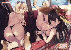 Rule 34 | 2girls, all fours, artist name, ass, asymmetrical bangs, bikini, bikini bottom only, black bikini, black hair, blonde hair, blue bow, blue eyes, blush, bow, breasts, breasts out, car, closed mouth, comic exe, day, flower, furisuku, hair bow, hat, hibiscus, highres, knees together feet apart, large breasts, long hair, looking at viewer, looking back, lying, micro bikini, motor vehicle, multiple girls, nipples, non-web source, ocean, on back, original, outdoors, parted lips, purple eyes, red flower, sandals, side-tie bikini bottom, sidelocks, smile, straw hat, sun hat, swimsuit, thighs, topfreedom, topless, tsurime, twintails, white bikini