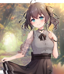 Rule 34 | 1girl, absurdres, ahoge, aqua eyes, autumn, autumn leaves, bare shoulders, belt, black bow, black bowtie, black choker, black ribbon, black skirt, blouse, blush, bow, bowtie, bracelet, brown hair, choker, closed mouth, clothing cutout, collared shirt, cowboy shot, earrings, eyelashes, flower earrings, frilled shirt collar, frilled sleeves, frills, grey shirt, hair ribbon, hand on own chest, high-waist skirt, highres, hololive, jewelry, lace sleeves, light rays, long skirt, long sleeves, looking at viewer, natsuiro matsuri, natsuiro matsuri (casual), necklace, outdoors, ribbon, see-through, see-through sleeves, shirt, shoulder cutout, skirt, skirt hold, smile, solo, sunbeam, sunlight, twintails, virtual youtuber, zky (oekaky)