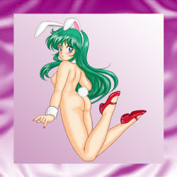 Rule 34 | 1girl, animal ears, ass, ayanokouji rem, back, blue eyes, blush, breasts, rabbit ears, bunny girl, rabbit tail, detached collar, dream hunter rem, fake animal ears, female focus, framed, from behind, green hair, legs, long hair, looking at viewer, looking back, nail polish, nipples, nude, open mouth, purple background, seimen10, shoes, shy, small breasts, solo, tail